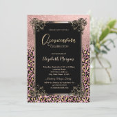 Invitation Rose Gold Glitter Border Leopard Quinceañera (Debout devant)