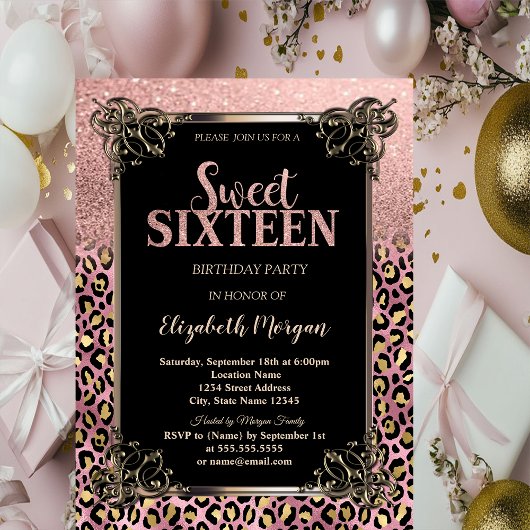 Invitation Rose Gold Glitter Border Leopard Sweet 16