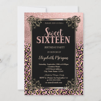 Invitation Rose Gold Glitter Border Leopard Sweet 16