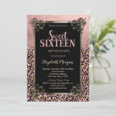 Invitation Rose Gold Glitter Border Leopard Sweet 16 (Debout devant)