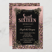 Invitation Rose Gold Glitter Border Leopard Sweet 16 (Devant / Derrière)