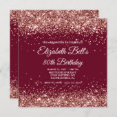Invitation Rose Gold Glitter Burgundy 80th Birthday (Devant / Derrière)