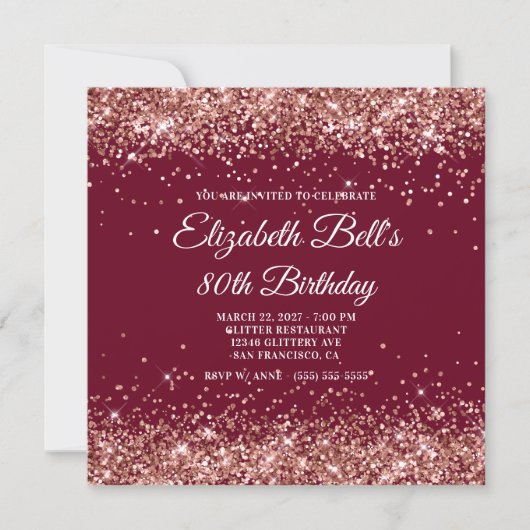 Invitation Rose Gold Glitter Burgundy 80th Birthday (Devant)