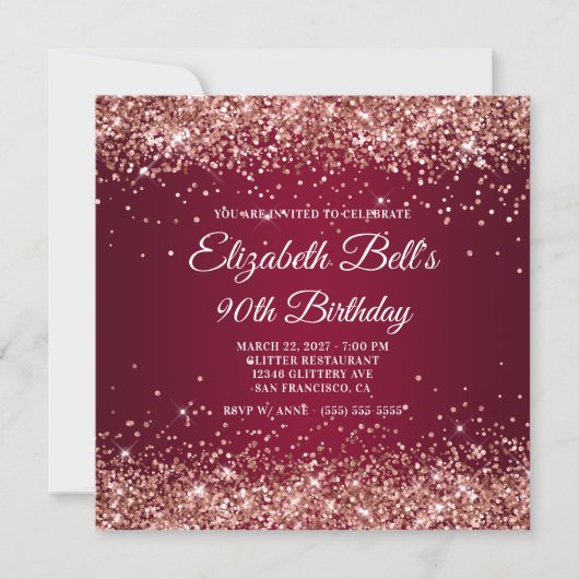 Invitation Rose Gold Glitter Burgundy Ombre 90th Birthday (Devant)