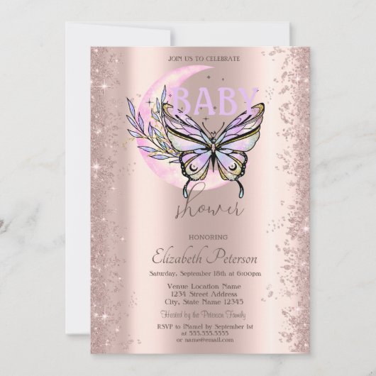 Invitation Rose Gold Glitter Butterfly Moon Baby Shower (Devant)