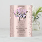Invitation Rose Gold Glitter Butterfly Moon Baby Shower (Debout devant)
