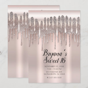 Invitation Rose Gold Glitter Diamant Goutte Icy Pink Douce 16