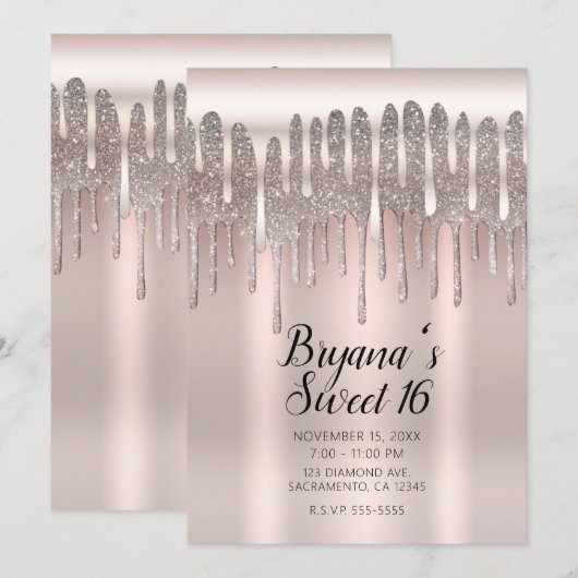 Invitation Rose Gold Glitter Diamant Goutte Rose Glacé Douce (Devant / Derrière)