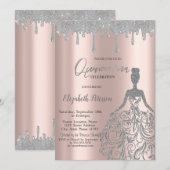 Invitation Rose Gold,Glitter Dress Drips Silver Quinceanera (Devant / Derrière)