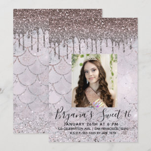 Invitation Rose Gold Glitter Drip Rose Icy Pink Photo Sweet 1
