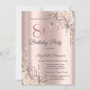 Invitation Rose Gold Glitter Drips Boho Roses 80e Anniversair