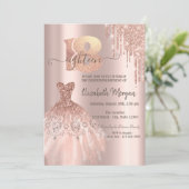 Invitation Rose Gold Glitter Drips Dress 18e Birthday Party (Debout devant)
