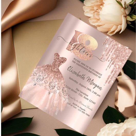 Invitation Rose Gold Glitter Drips Dress 18e Birthday Party