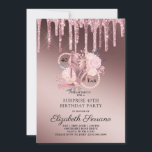 Invitation Rose Gold Glitter Gouttes 40e Anniversaire Surpris<br><div class="desc">Une élégante invitation d'anniversaire surprise 40 et fab en ombre métallique rose gold avec des gouttes de glitter et une typographie de nom en script avec des chaussures à talons hauts rose gold et glitter, des fleurs et un collier de perles intégrés dans le design et le texte. Une invitation...</div>