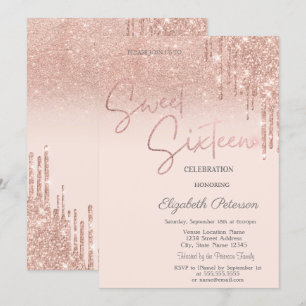 Invitation Rose Gold Glitter, Gouttes Sweet 16