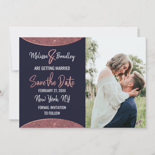 Invitation Rose Gold Glitter Navy Blue Circular Enregistrer l (Devant)