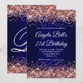 Invitation Rose Gold Glitter Navy Blue Ombre 21st Birthday (Devant / Derrière)