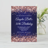 Invitation Rose Gold Glitter Navy Blue Ombre 30th Birthday (Debout devant)
