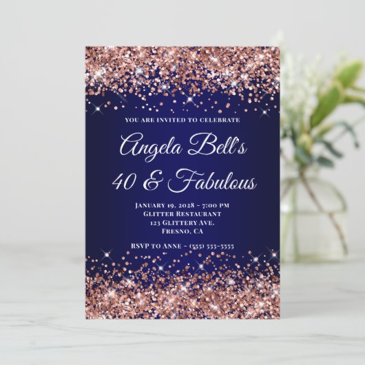 Invitation Rose Gold Glitter Navy Blue Ombre 40 & Fabulous (Debout devant)
