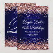 Invitation Rose Gold Glitter Navy Blue Ombre 90th Birthday (Devant / Derrière)