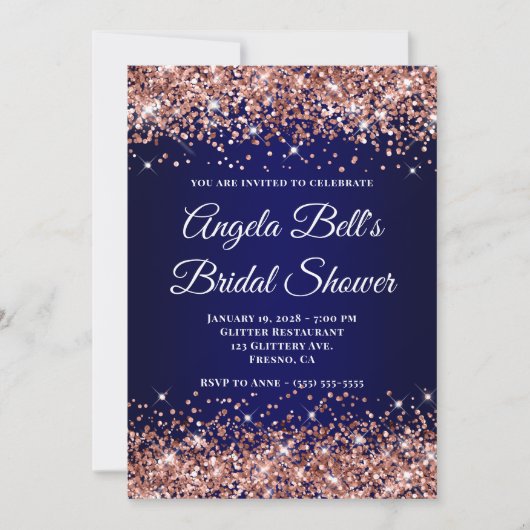 Invitation Rose Gold Glitter Navy Blue Ombre Bridal Shower (Devant)
