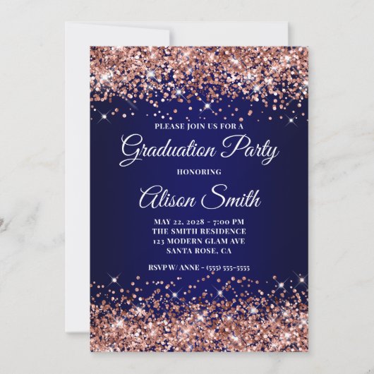 Invitation Rose Gold Glitter Navy Blue Ombre Graduation Party (Devant)