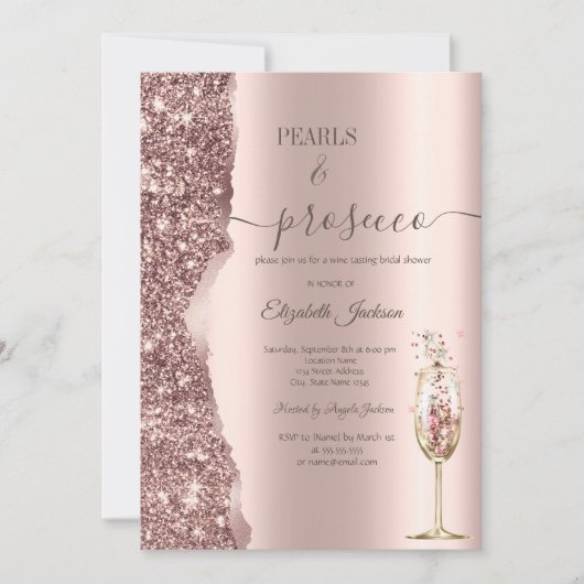 Invitation Rose Gold Glitter Pearls & Prosecco Bridal Shower (Devant)