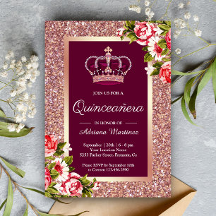 Invitation Rose Gold Glitter Princesse Rose Florale Quinceane