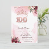Invitation  Rose Gold Glitter Roses Crown 100th Birthday  (Debout devant)