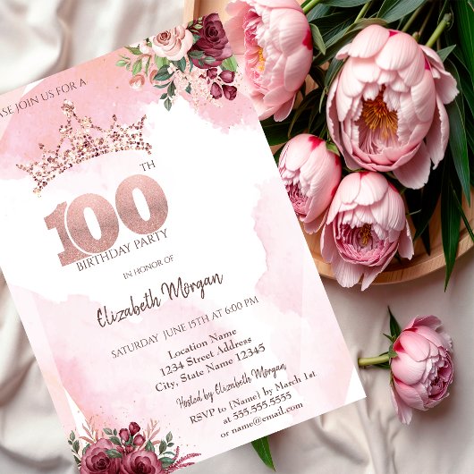 Invitation  Rose Gold Glitter Roses Crown 100th Birthday 