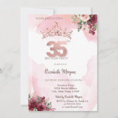 Invitation  Rose Gold Glitter Roses Crown 35th Birthday  (Devant)