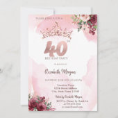 Invitation  Rose Gold Glitter Roses Crown 40th Birthday  (Devant)