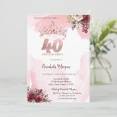 Invitation  Rose Gold Glitter Roses Crown 40th Birthday  (Debout devant)