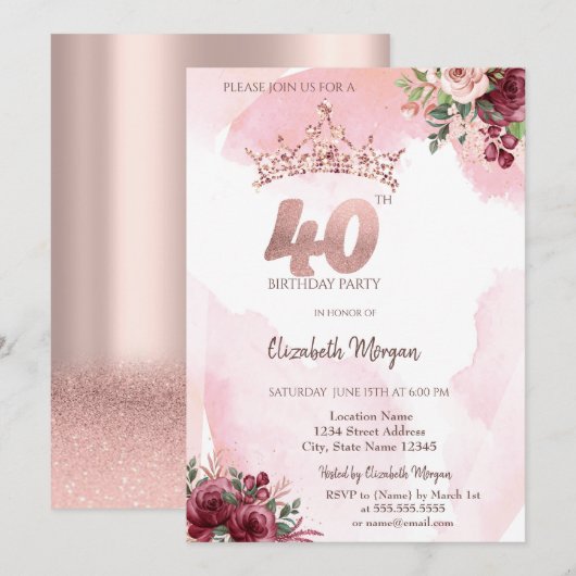 Invitation  Rose Gold Glitter Roses Crown 40th Birthday  (Devant / Derrière)