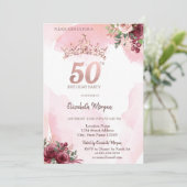 Invitation  Rose Gold Glitter Roses Crown 50th Birthday Party (Debout devant)