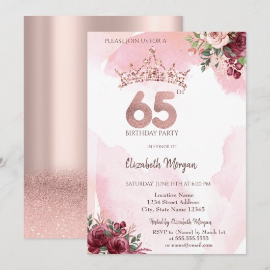 Invitation Rose Gold Glitter Roses Crown 65th Birthday Party (Devant / Derrière)