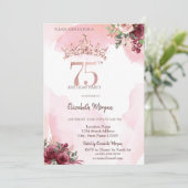 Invitation  Rose Gold Glitter Roses Crown 75th Birthday  (Debout devant)