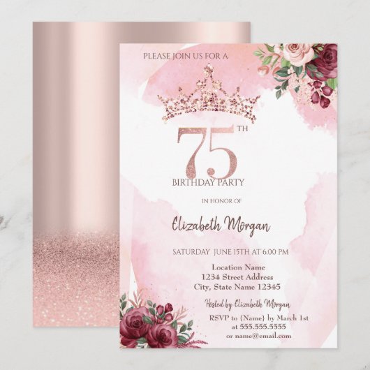 Invitation  Rose Gold Glitter Roses Crown 75th Birthday  (Devant / Derrière)