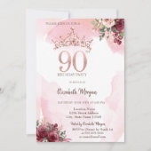 Invitation Rose Gold Glitter Roses Crown 90th Birthday Party (Devant)