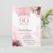 Invitation Rose Gold Glitter Roses Crown 90th Birthday Party (Debout devant)