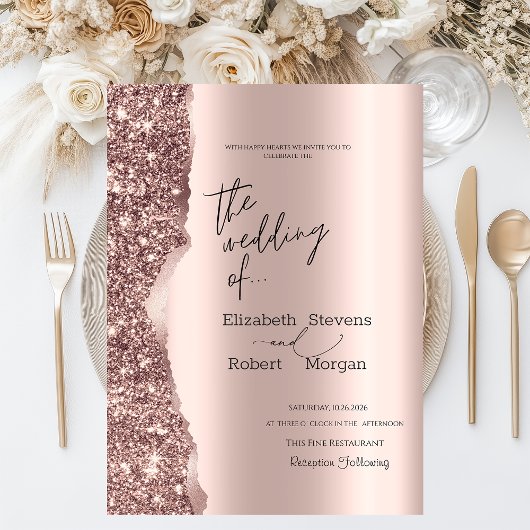 Invitation Rose Gold Glitter Script Élégant et Stylé
