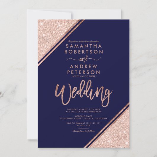 Invitation Rose gold glitter stripes script navy blue wedding (Devant)