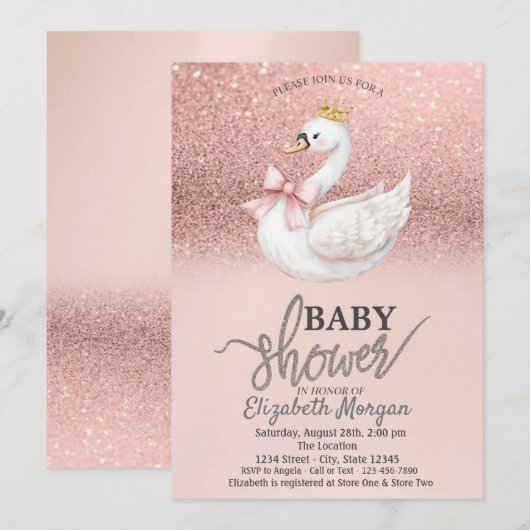 Invitation Rose Gold Glitter,Swan Bow Crown Baby Shower  (Devant / Derrière)