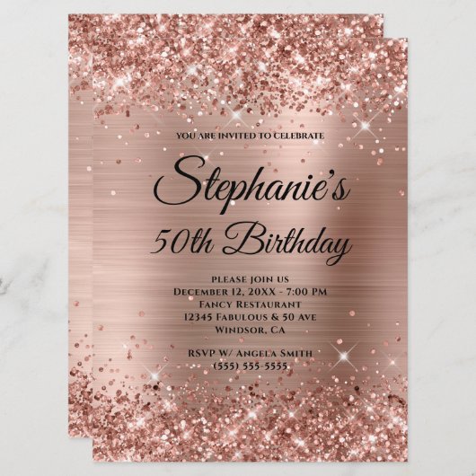 Invitation Rose Gold Glittery Foil Fancy Monogramme Anniversa (Devant / Derrière)