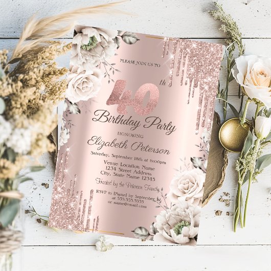 Invitation Rose Gold, Gouttes de Paillettes, Fleurs Blanches 
