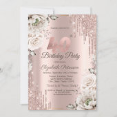 Invitation Rose Gold, Gouttes de Paillettes, Fleurs Blanches  (Devant)