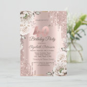 Invitation Rose Gold, Gouttes de Paillettes, Fleurs Blanches  (Debout devant)
