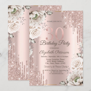 Invitation Rose Gold, Gouttes de Paillettes, Fleurs Blanches