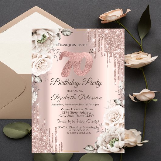 Invitation Rose Gold,Gouttes de paillettes,Fleurs blanches 70
