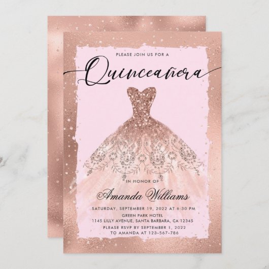 Invitation Rose Gold Gown Quinceañera (Devant / Derrière)